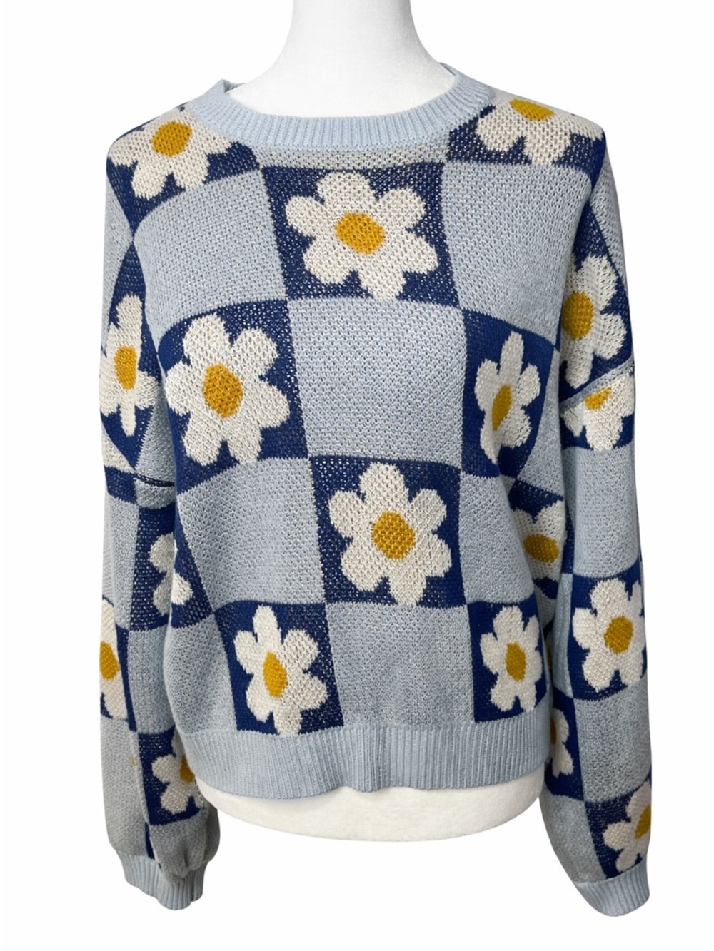 By Together Light Blue Floral Check Knit Sweater - Women's